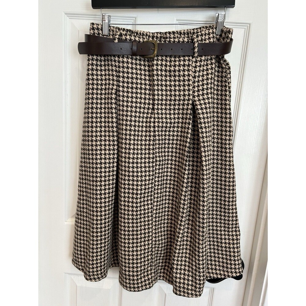 Womens Jacquard Pleated Flared Chic Skirt Houndstooth Black Beige Size L Casual